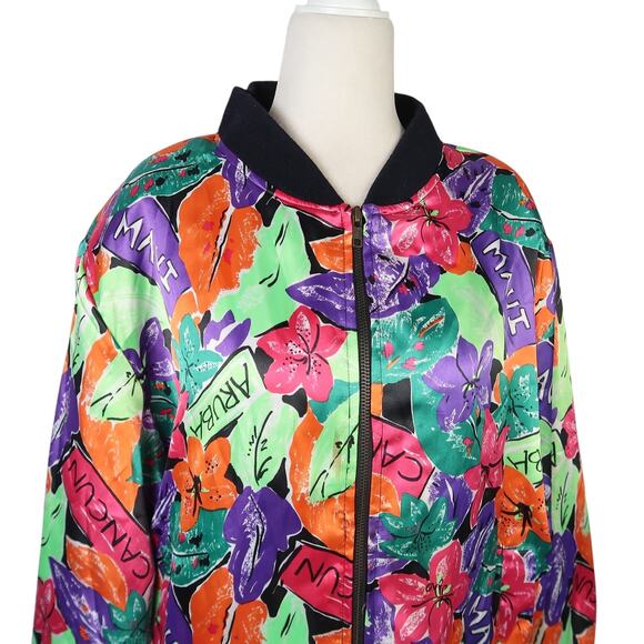 Vintage 80s/90s Stefano Tropical Floral Island Print Satin Bomber Jacket M - Picture 2 of 6
